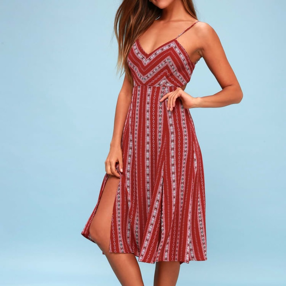 Lulu’s Calabash Rust Red Print Midi Dress